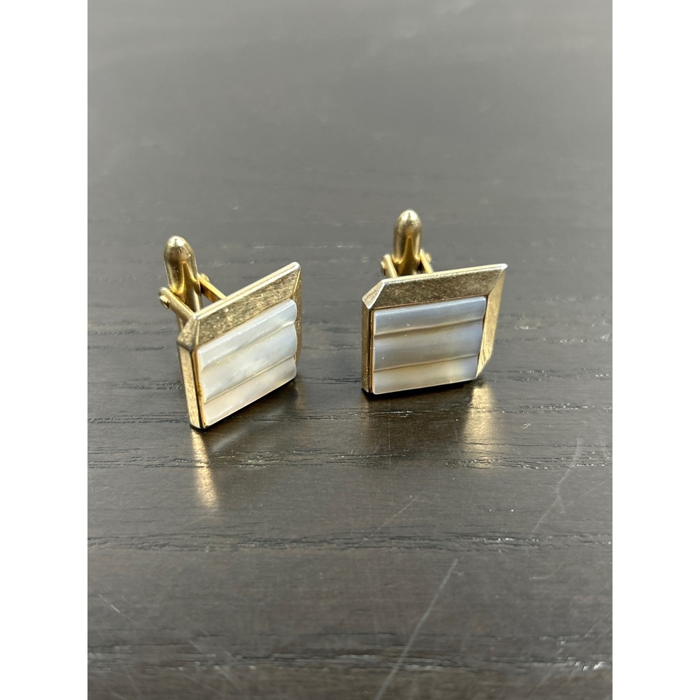Vintage Swank Gold Tone Mother Pearl Tiered Square Cufflinks Mid Century Modern